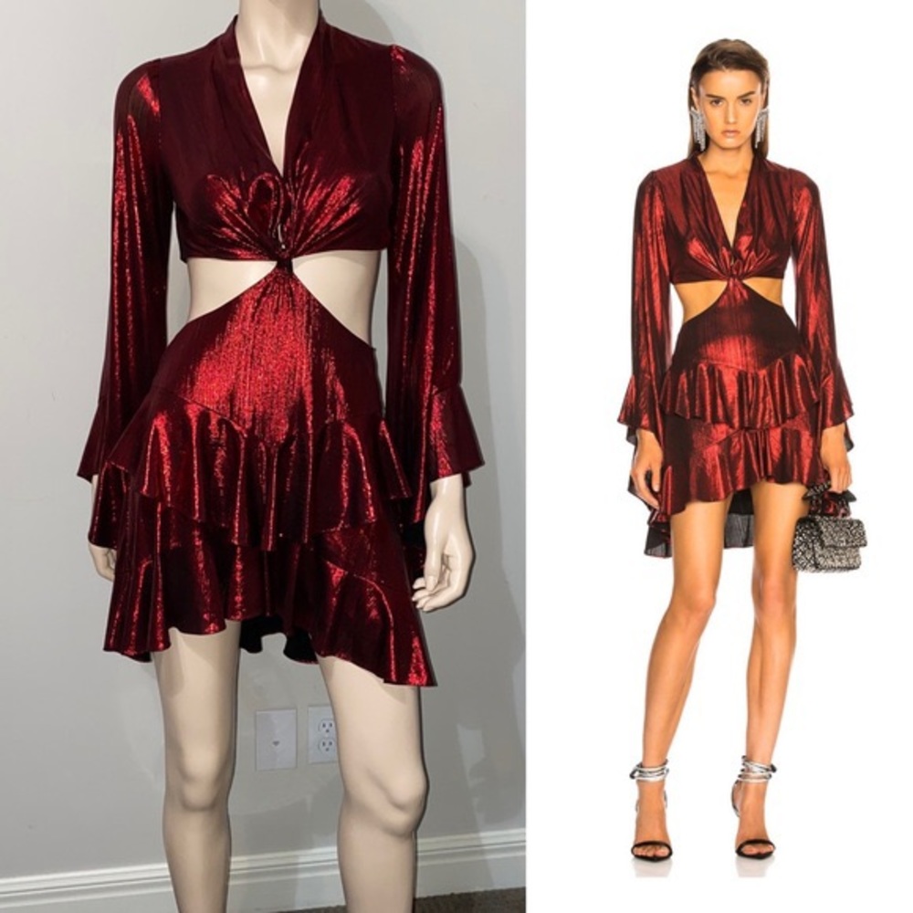 Retrofete Shimmering Metallic Wine Red Cutout Mini Dress